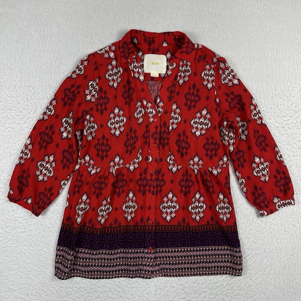 Maeve Shirt Womens 6 Red Button Blouse 3/4 Sleeve Geometric‎ Western Country